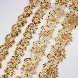 Großhandel Stickerei Chemische Applikation Trimmen Spitze Bestickte Mesh Polyester <span class=keywords><strong>Gold</strong></span> Perlen Pailletten Spitzen besatz für Kleid - Product Image 1