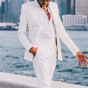 Trajes de negocios blancos elegantes con doble botonadura <span class=keywords><strong>para</strong></span> hombre, trajes de graduación <span class=keywords><strong>para</strong></span> novio de boda <span class=keywords><strong>para</strong></span> hombre, 2 piezas (chaqueta + pantalón + corbata) traje Novio - Product Image 1