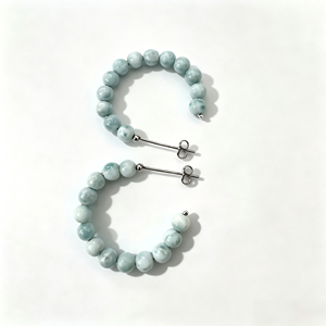 Boucles d'oreilles créoles LY 925 en larimar bleu avec pierre en forme de boule, plaqué rhodium, style classique pour femme, cadeau de fête, bijoux - Product Image 2