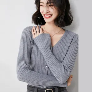 Vintage Plain V Neck Wool Blend Single Breasted Long Sleeve Thin Ribbed Knit Cardigan Sweaters For Women