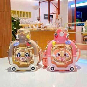 Summer Magic Bear Square Design High-Value Girls' Straw Cup Anti-Drop Portable Reusable Plastic Water <b>Bottle</b> TA-4120 Model - Product Image 2