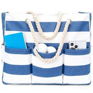 Hot Selling Yellow White Stripe <b>Canvas</b> <b>Beach</b> Tote Bag with Thick Rope Handles & Multiple Outer Pockets for Shopping - Product Image 4