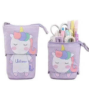 2023 Hot Selling School Stationery Pouch Bag Cute Canvas Telescopic Pen Holder Standing Pencil Case for Students