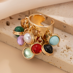 Bague tendance multicolore en perles de verre lisses avec pendentif gland pour femme, bague ouverte plissée large pour femme, bijoux cadeaux - Product Image 3