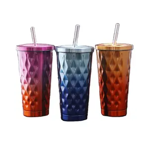 2023 HUFA New arrival diamond-shaped colorful stainless steel vacuum insulated tumbler with straw