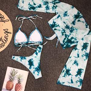 Seksi kapalı omuz Bandeau <span class=keywords><strong>Bikini</strong></span> seti batik yeşil uzun kollu örgü leopar 3 parça mayo kadınlar yıkananlar mayo - Product Image 4