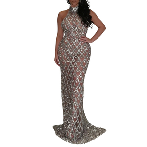 Vestido Largo de Noche con Cuello Halter y Cuentas para Mujer - Vestidos de Noche con Lentejuelas y Espalda Descubierta - Product Image 1