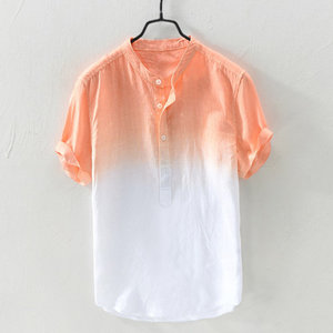 <span class=keywords><strong>Camicia</strong></span> in Cotone e <span class=keywords><strong>Lino</strong></span> Fresca e Sottile Traspirante con Colletto alla Coreana Tinta Unita con Effetto Sfumato per <span class=keywords><strong>Uomo</strong></span> - Product Image 4