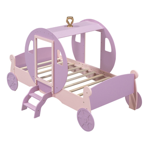Moderna doppia dimensione viola + rosa principessa letto carrozza con corona, piattaforma di legno letto auto con scala - Product Image 5
