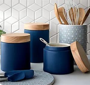 Set Toples Penyimpanan Keramik Gula Teh Kopi Biru Matte, Set Kaleng Dapur dengan Tutup Kayu