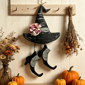 Décoration Suspendue 2D Sorcière d'Halloween - Chapeau, Chaussure, Panneau, Couronne en Bois <span class=keywords><strong>Hocus</strong></span> <span class=keywords><strong>Pocus</strong></span> pour Murs, Réutilisable et Durable pour Usage Intérieur - Product Image 4