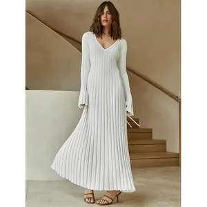 Female V-neck Casual Ladies Ribbed Maxi Robe Autumn Winter 2023 Elegant Pleated A-line Midi Dresses Women Knitted Long Dress