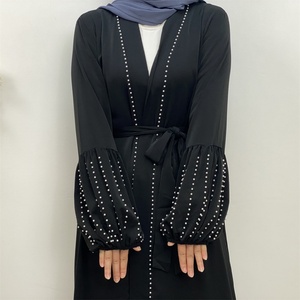 1961# Gorgeous Arab Front Open Abaya With Small White Pearls Latern Cuff Dubai Nida Abayas <b>Cardigan</b> With Side Pockets 5 Colors - Product Image 2