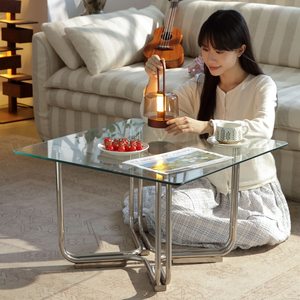 Tavolino da Caffè <span class=keywords><strong>in</strong></span> <span class=keywords><strong>Vetro</strong></span> <span class=keywords><strong>Temperato</strong></span> Stile Bauhaus Antico con Struttura <span class=keywords><strong>in</strong></span> Acciaio Inossidabile, Design Quadrato per Soggiorno - Product Image 3