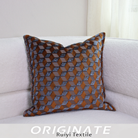Housse de coussin de luxe géométrique en velours, écologique, chauffante et massante, marron caramel et bleu, pour canapé et décoration de salon, carrée