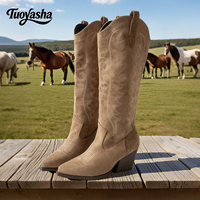 Bottes Western Femme en Daim Premium à Enfiler, Brodées, Antidérapantes, à Talon Épais, Hauteur Genou, Vente en Gros Usine, Personnalisables