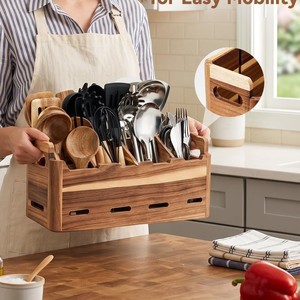 Porte-ustensiles en bois d'acacia avec plusieurs compartiments, séchage rapide, boîte de rangement pour comptoir de cuisine - Product Image 2
