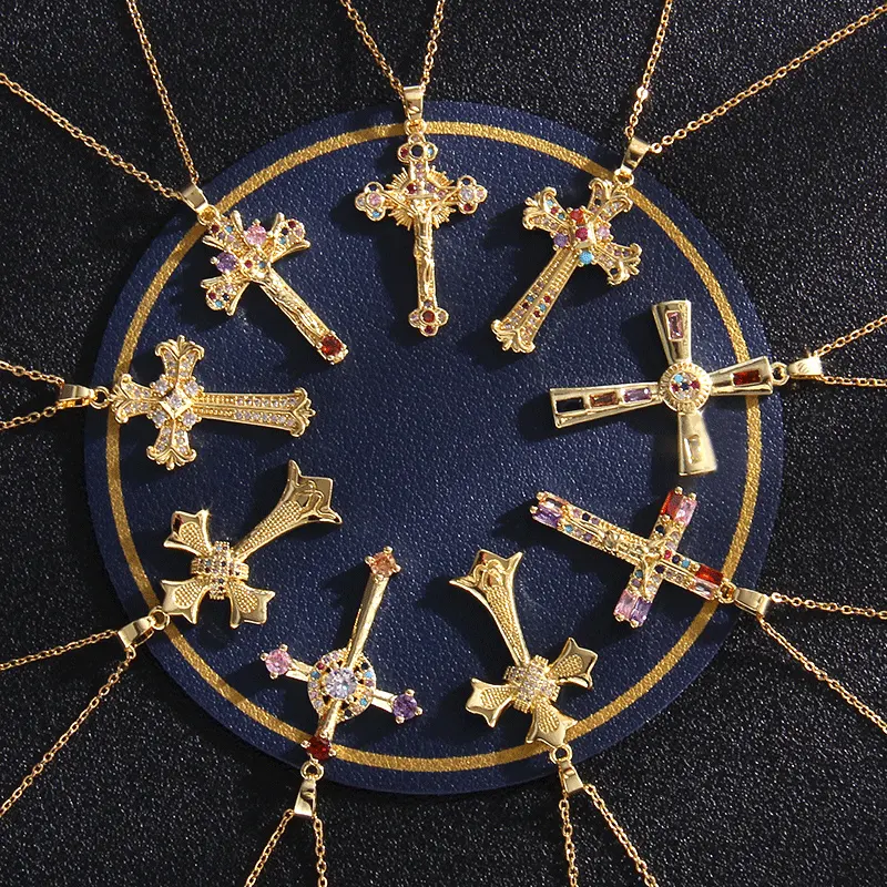Wholesale Vintage Religious Gold Plated Brass Necklace Jewelry Micro Pave Zircon Cross Pendant Choker Necklaces for Women Gift