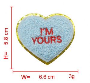 Stock 6.6cm <b>Iron</b> on Chenille Embroidered Gold Glitter Edge Heart With Words Valentine Patch for Hat Bag Decoration - Product Image 4