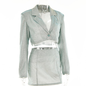 Women's Suit <b>Set</b> Solid Color Long Sleeve High Waist Short Skirt Lapel <b>Blazer</b> Polyester Satin Casual Fashion - Product Image 5