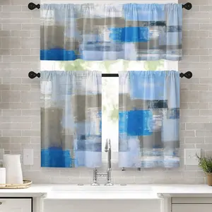 Bindi Geometric Kitchen Curtains Light Blue And Grey Abstract Art Black-Out Window Curtains With Valance Attached
