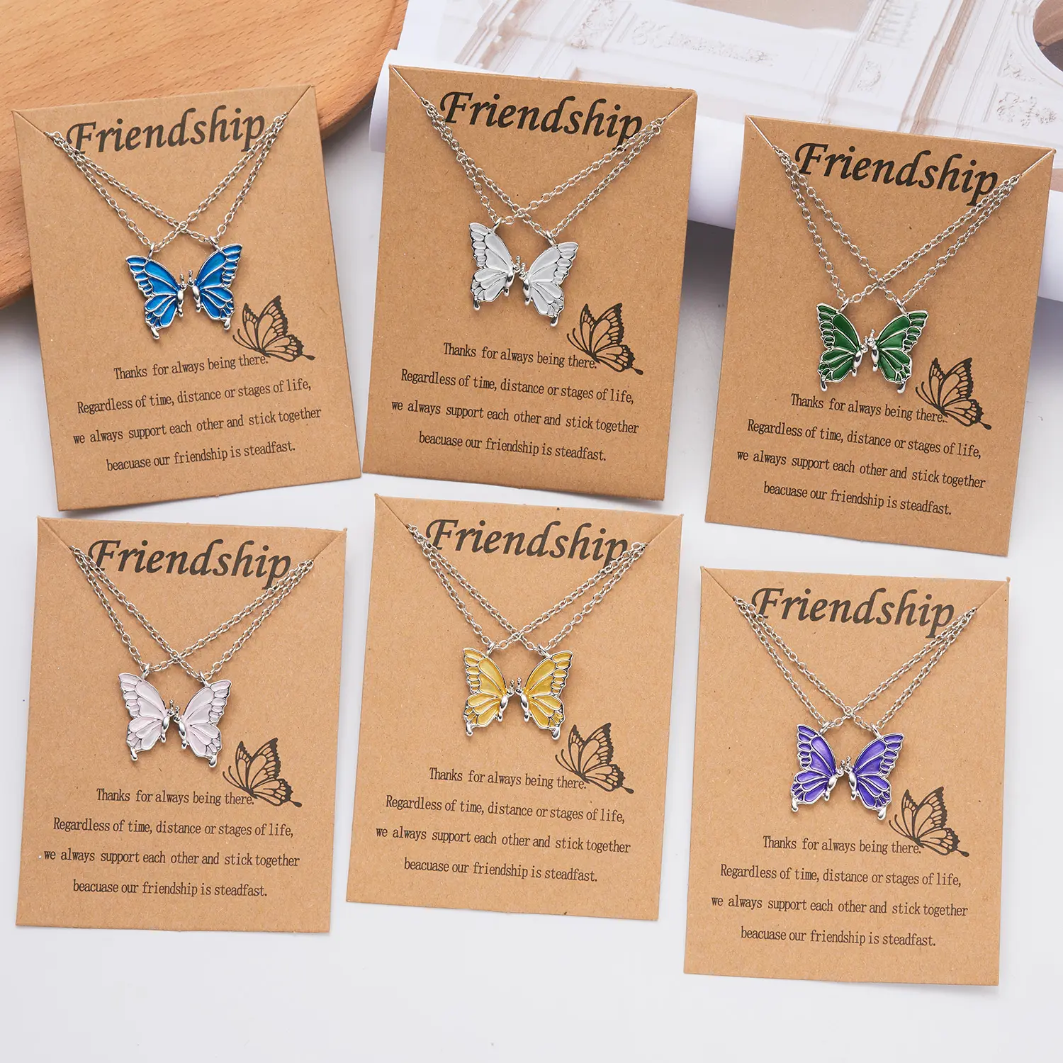 2 Pcs/Set BFF Sisters Friendship Butterfly Necklace Set Mother Day Enamel Card Necklaces Girls Friend Choker Jewelry