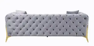Sofá de luxo 3 lugares, sofá cinza tufado de veludo para sala de estar