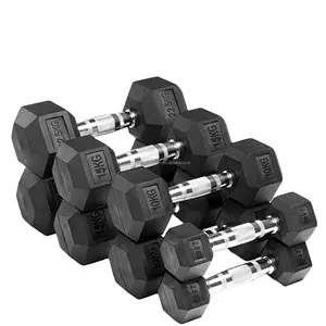 Hoge Kwaliteit Gratis Gewicht Tillen Fitness Workout 40Kg 50Kg Rubber Dumbbell Hexagon Hex Dumbbell