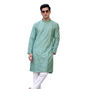 MALAI SILK <b>KURTA</b> PAYJAMA with HEAVY EMBROIDERY SEQUENCE WORK for WEDDING and DIWALI TRADITIONAL UNISEX ALL SEASONS - Product Image 1
