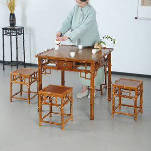 <b>Bamboo</b> Chinese Style Square Table And <b>Stool</b> Set 4 Piece Light Color Dining Room Furniture Durable Design - Product Image 2