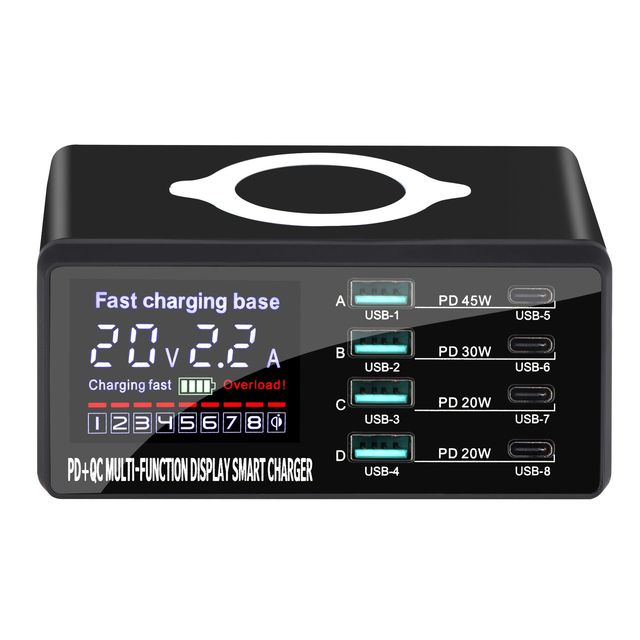 Multifunctional 8-Port PD 45W QC3.0 Fast Charger New Wireless Charging Station for iPad & Mobile Phone Fast Desktop Hub