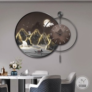 Orologio da Parete in Porcellana Cristallina Stile Cinese con Paesaggio, per Sala da Pranzo e Soggiorno, con Supporto in Legno - Product Image 1