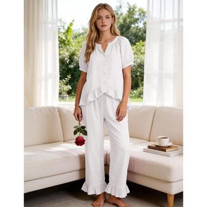 Womens Ruffle Pajamas Short Sleeve Button Down Lounge <b>Set</b> <b>2</b> <b>Piece</b> Solid Sleepwear Drawstring With Pockets - Product Image 3