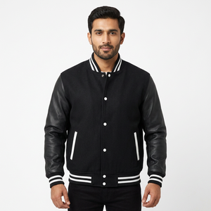 Custom Made Winter Varsity <b>Jacket</b> with <b>White</b> Leather Sleeves & Black Wool Body <b>Waterproof</b> Knitted Processing for Letterman - Product Image 1