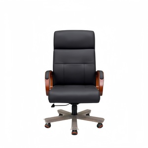 Chaise de bureau de direction pivotante en cuir noir avec accoudoirs en bois pour salle d'étude et usage commercial - Product Image 1