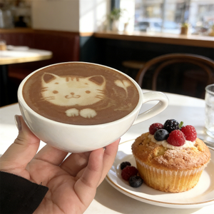 แก้วกาแฟพลาสติกแบบมีหูจับ ลายศิลปะรักษ์โลก รุ่น 6 ซม. แก้วคาปูชิโน่จำลอง จานรองสำหรับโชว์ในร้านกาแฟ อุปกรณ์ประกอบฉากถ่ายภาพยนตร์ บาริสต้า - Product Image 4