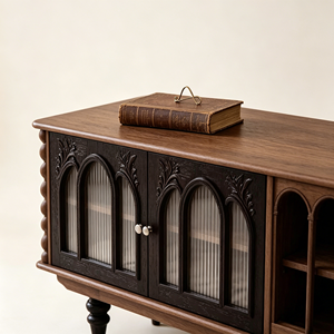 Vintage Gothic Style Wooden TV Stand & <b>Tall</b> <b>Cabinet</b> Set with Glass Doors for Living Room - Product Image 2