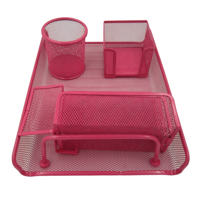 Высокое качество, розовый цвет, канцелярские принадлежности, металлический сетчатый Настольный органайзер, набор