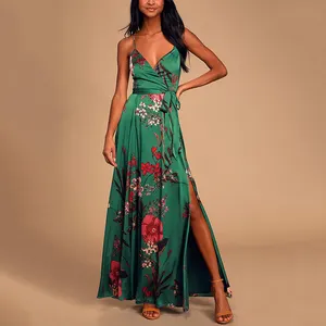 2023来样定做设计女性夏季新款翠绿色印花缎子最受欢迎多功能休闲马克西连衣裙