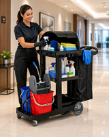 Chariot de nettoyage commercial pour hôtels avec couvercle coulissant, étagère de rangement, sac en nylon latéral et essoreuse à serpillière