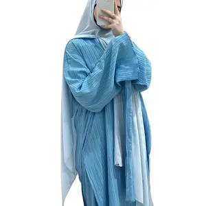 2 Piece Pleated Stripe Set Islamic Clothing Women Modest Abaya Loose Split Side Tunics Oversize Skirts Set