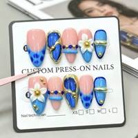 [Blue Amber] Kuku Palsu Bentuk Almond Terlaris Lintas Negara, Stiker Kuku Bunga Biru Laris Manis Musim Panas
