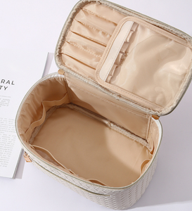 Nueva Bolsa de Maquillaje de Viaje de Gran Capacidad, Bolsa Cosmética Plana Impermeable de Cuero PU Tejido, Portátil, con Cierre de Cremallera, a la Moda - Product Image 4