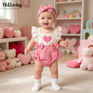 Friendly <b>Baby</b> Girl Ruffle Romper With <b>Headband</b> Heart Print Outfit for Toddler Daily Party Wear - Product Image 4