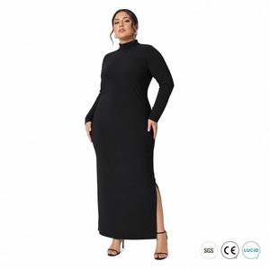 Robe longue maxi moderne Abaya à col montant en crêpe 240 GSM, manches longues, fente latérale, grande taille, OEM Émirats Arabes Unis 1X-5X - Product Image 1