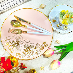 <span class=keywords><strong>Assiette</strong></span> de présentation personnalisée en plastique, ensemble d'assiettes à dîner à fleurs roses et dorées - Product Image 5