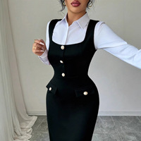 Robe longue pour femme, style vintage, décontractée et professionnelle, sans manches, avec poches, coupe crayon, taille haute, col carré, en polyester et élasthanne, pour le printemps
