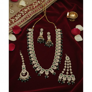 Vintage <b>Gold</b> Plated Zircon Bridal Wedding Engagement Anniversary Jewelry <b>Set</b> Long Mala Necklace Earrings Maang Tikka Parties - Product Image 3