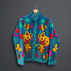 Hand Embroidered Velvet Jacket Women Mandarin Collar Full Sleeve <b>Animal</b> <b>Pattern</b> Autumn Outerwear Blue Color Regular Fit Suzani - Product Image 4