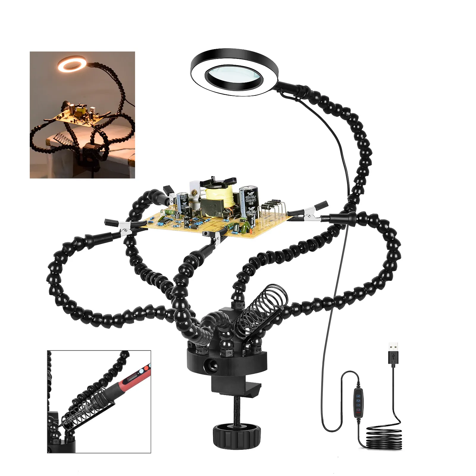 Lehimleme üçüncü el aracı ile 3X büyüteçli LED cam masa kelepçe esnek kol eller yardımcı PCB tutucu kaynak onarım aracı